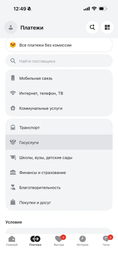 Раздел «Платежи», категория «Госуслуги»