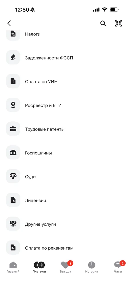 Список услуг раздела «Госуслуги» со значком поиска вверху