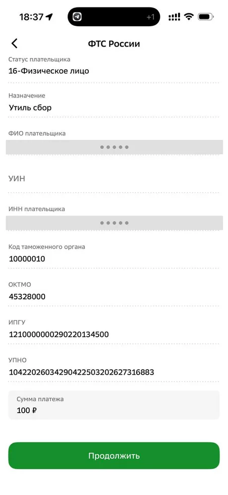 Поля «Код таможенного органа», ОКТМО, ИПГУ, УПНО и сумма платежа
