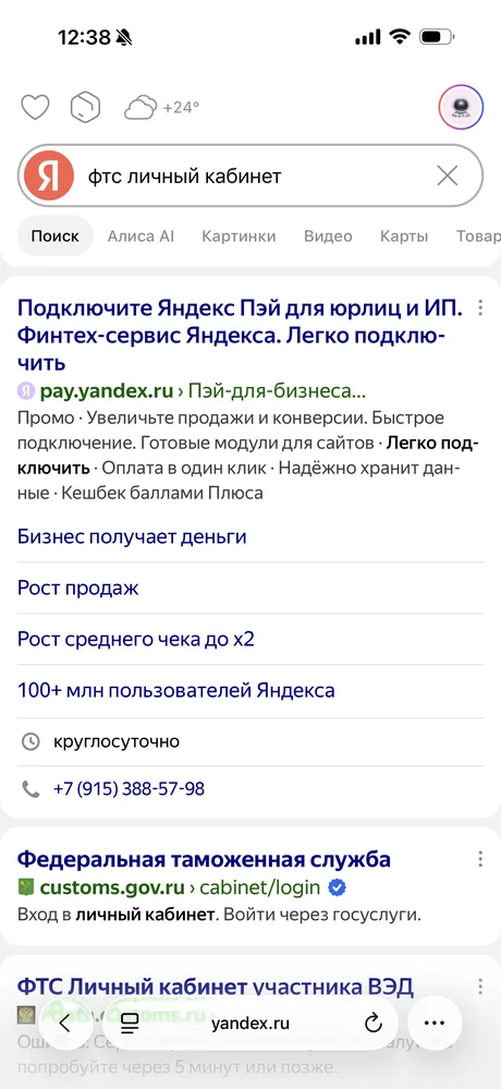 Поиск «ФТС личный кабинет» в браузере