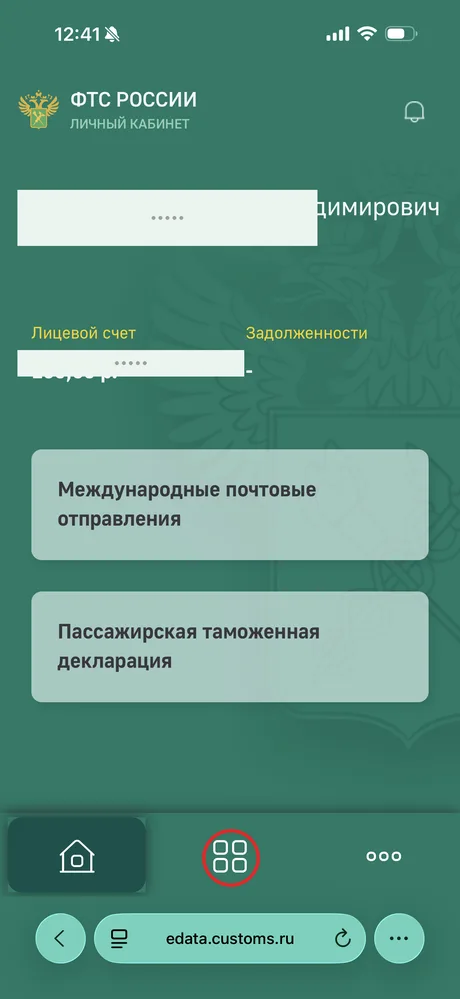 Главный экран личного кабинета ФТС с обведённой кнопкой меню внизу