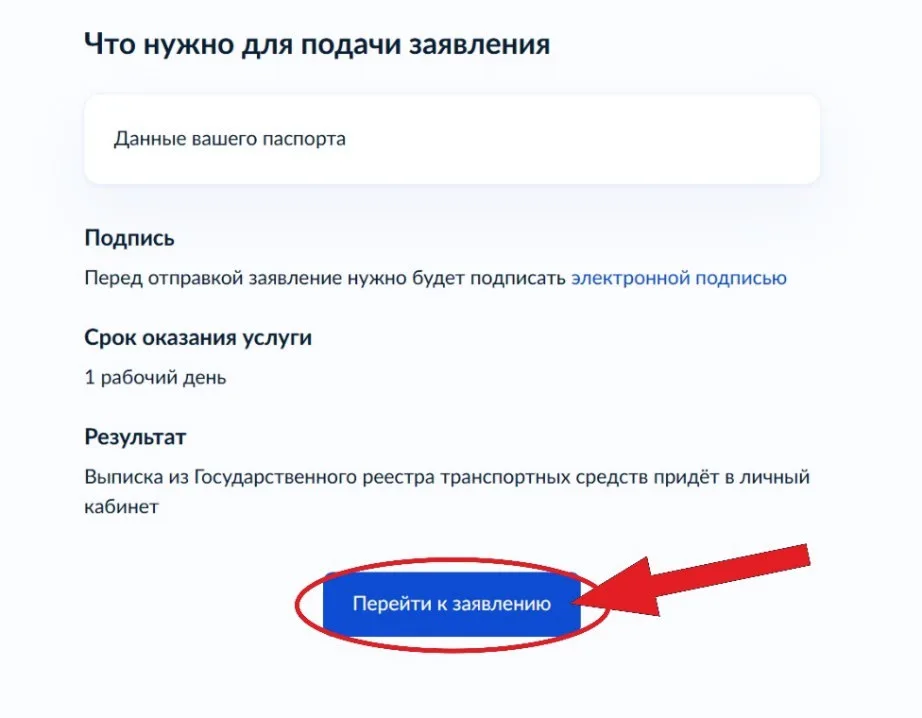 Информация о заявлении: нужны данные паспорта, электронная подпись, срок оказания услуги 1 рабочий день