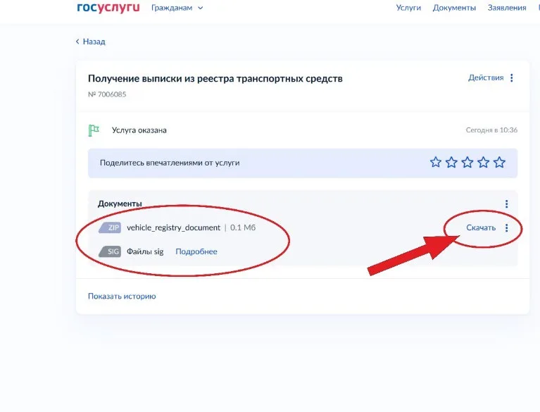 Скачивание готовой выписки и файла электронной подписи одним архивом в личном кабинете Госуслуг